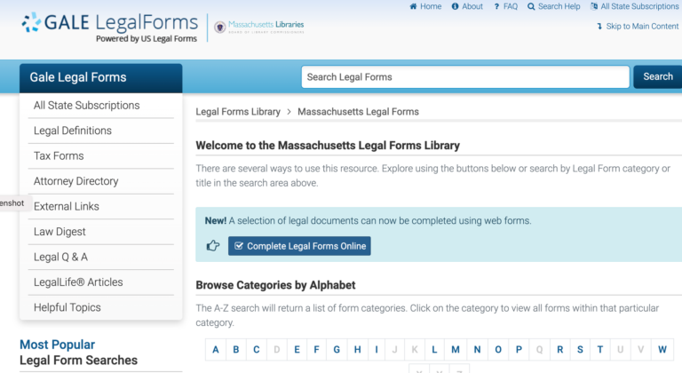 Screenshot of the Gale Legal Forms website